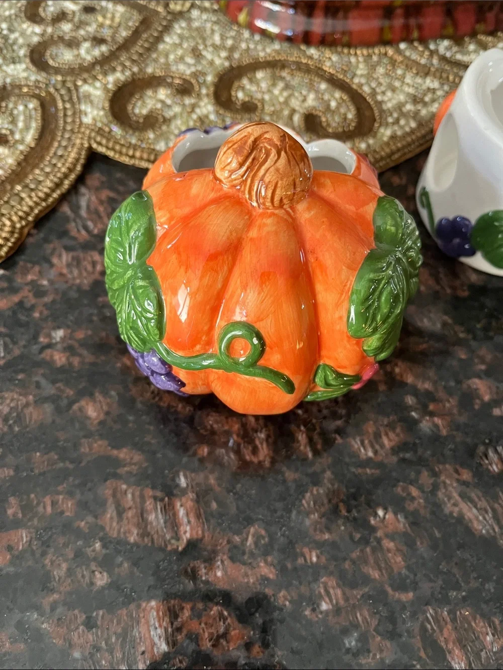 Hand-Painted Orange Pumpkin Ceramic Votive with Purple Grape Accent